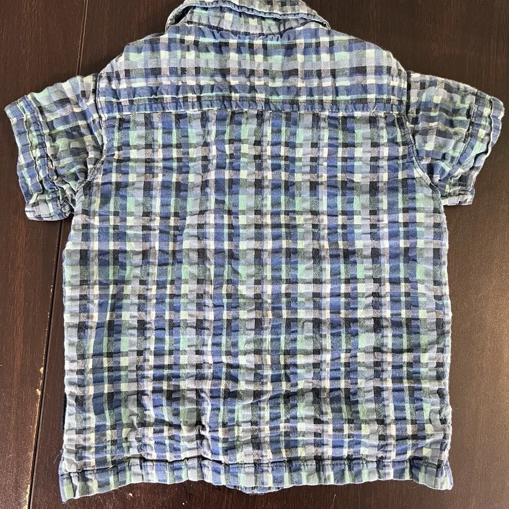 OshKosh B'gosh Baby Boys 12M Blue Plaid Seersucker Button‎ Up Shirt EUC